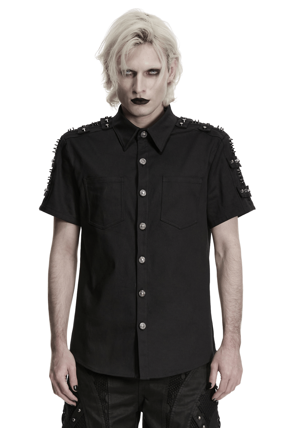 Men's Black Punk Button Shirt with Shoulder Studs