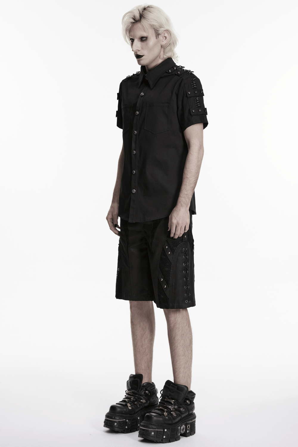 Men's Black Punk Button Shirt with Shoulder Studs