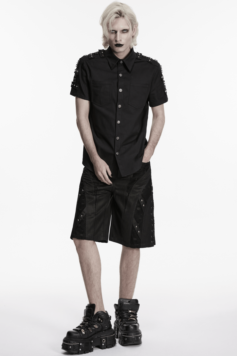 Men's Black Punk Button Shirt with Shoulder Studs