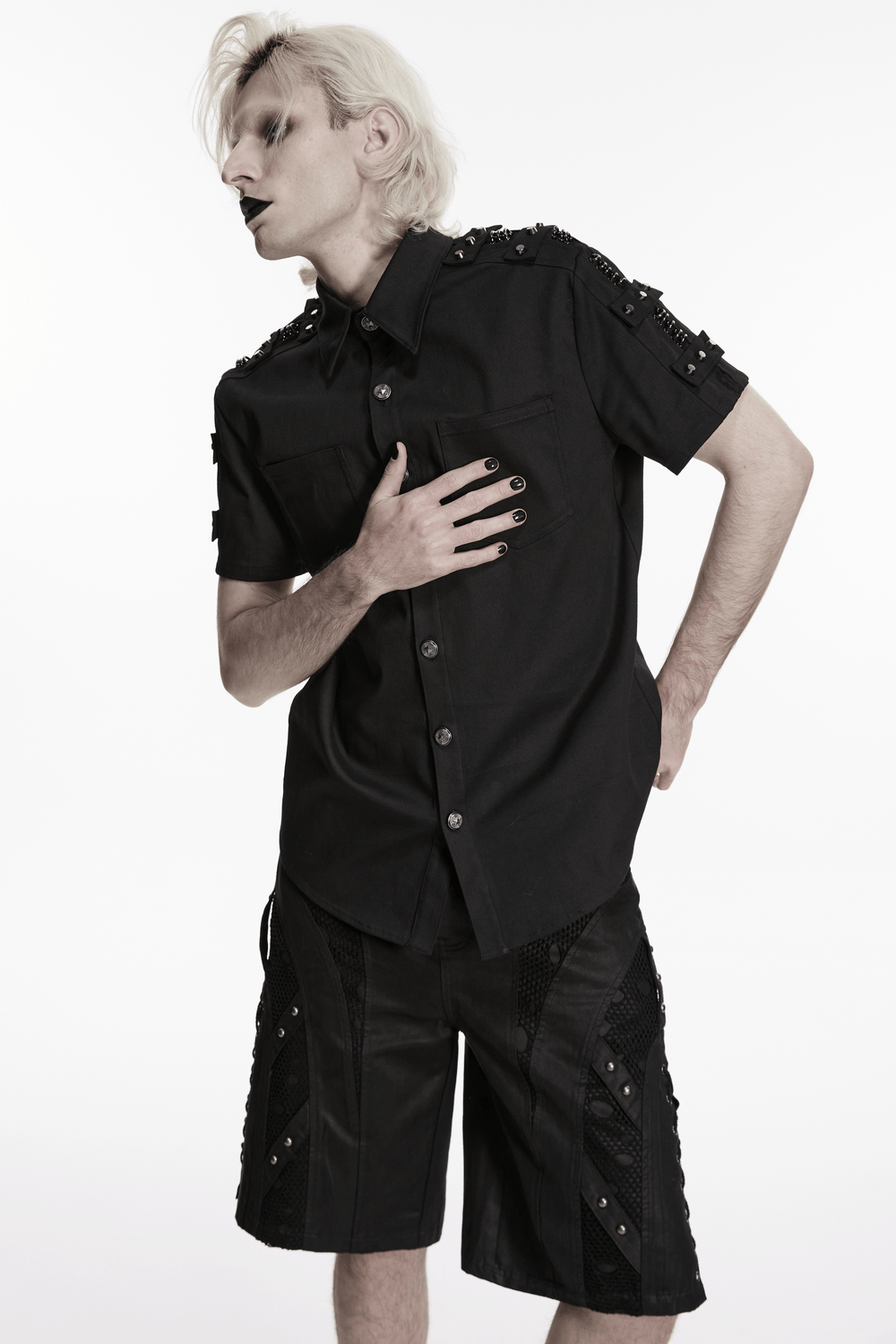 Men's Black Punk Button Shirt with Shoulder Studs