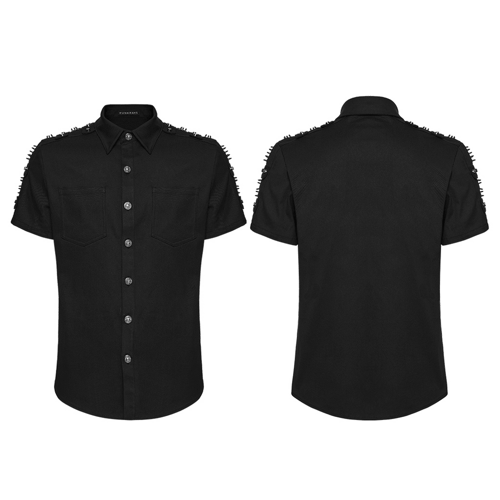 Men's Black Punk Button Shirt with Shoulder Studs