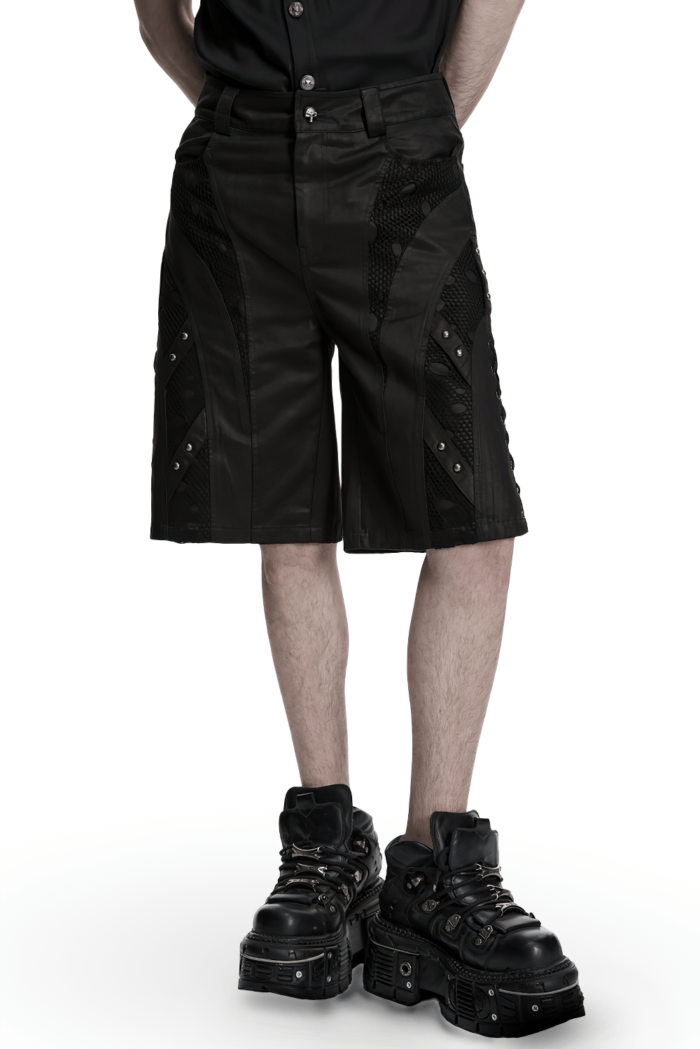 Men's Black Punk Mesh Panel Shorts with Studs