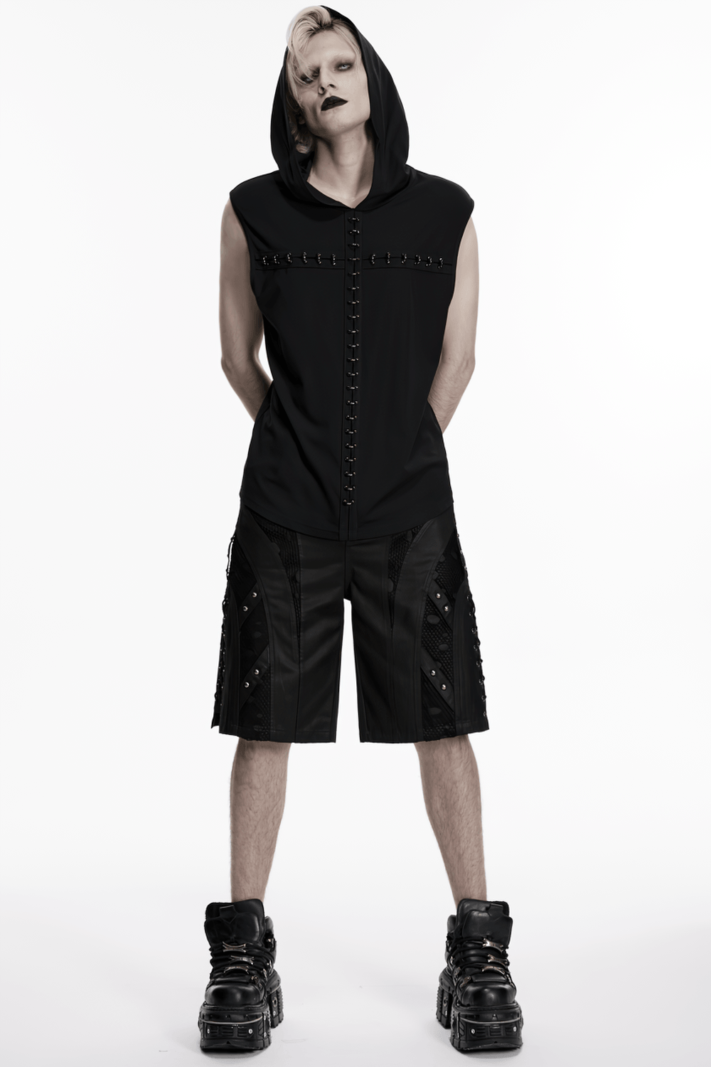 Men's Black Punk Mesh Panel Shorts with Studs