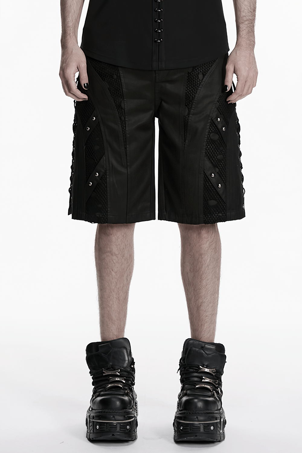 Men's Black Punk Mesh Panel Shorts with Studs
