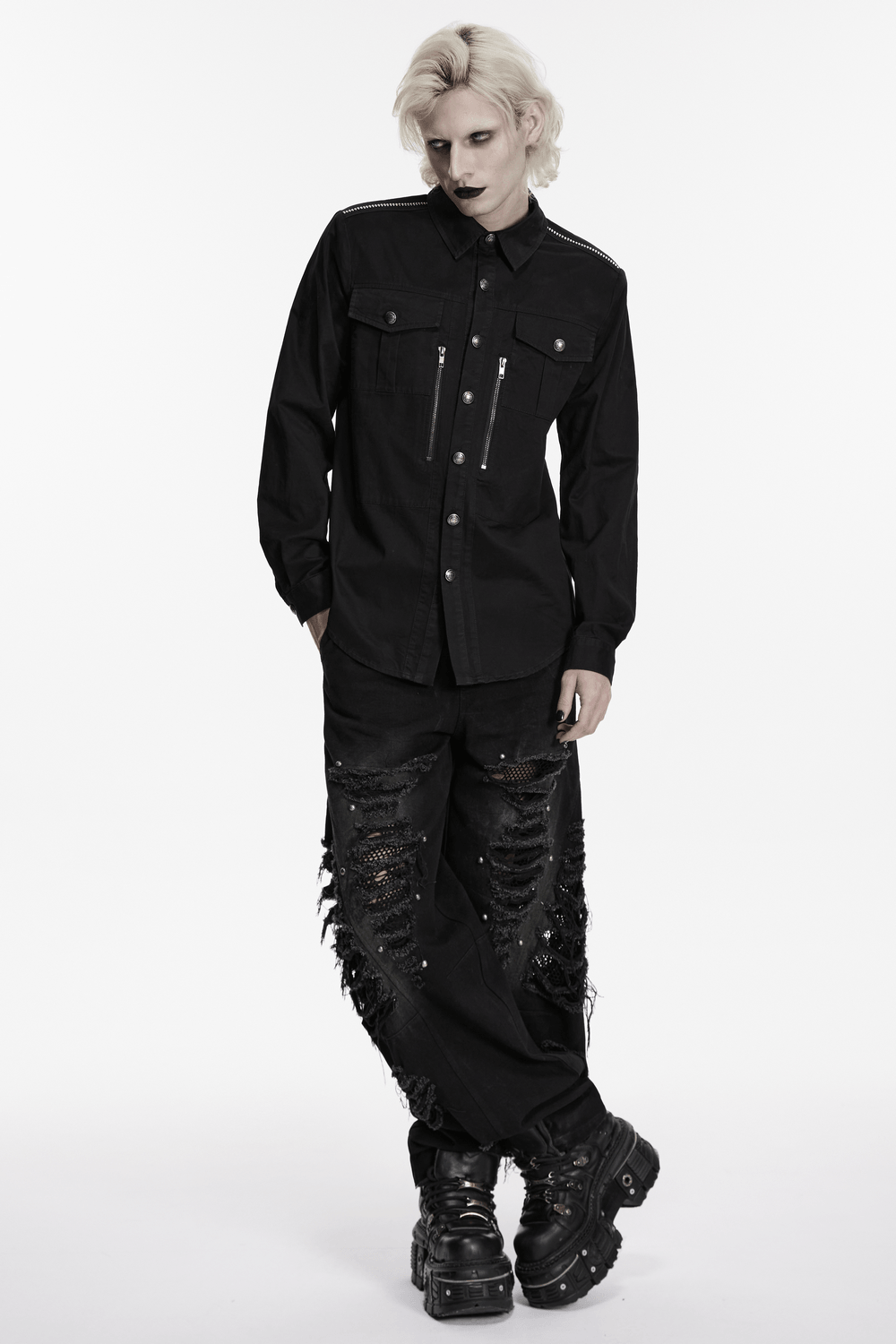 Men's Black Punk Workwear Shirt with Zip Pockets