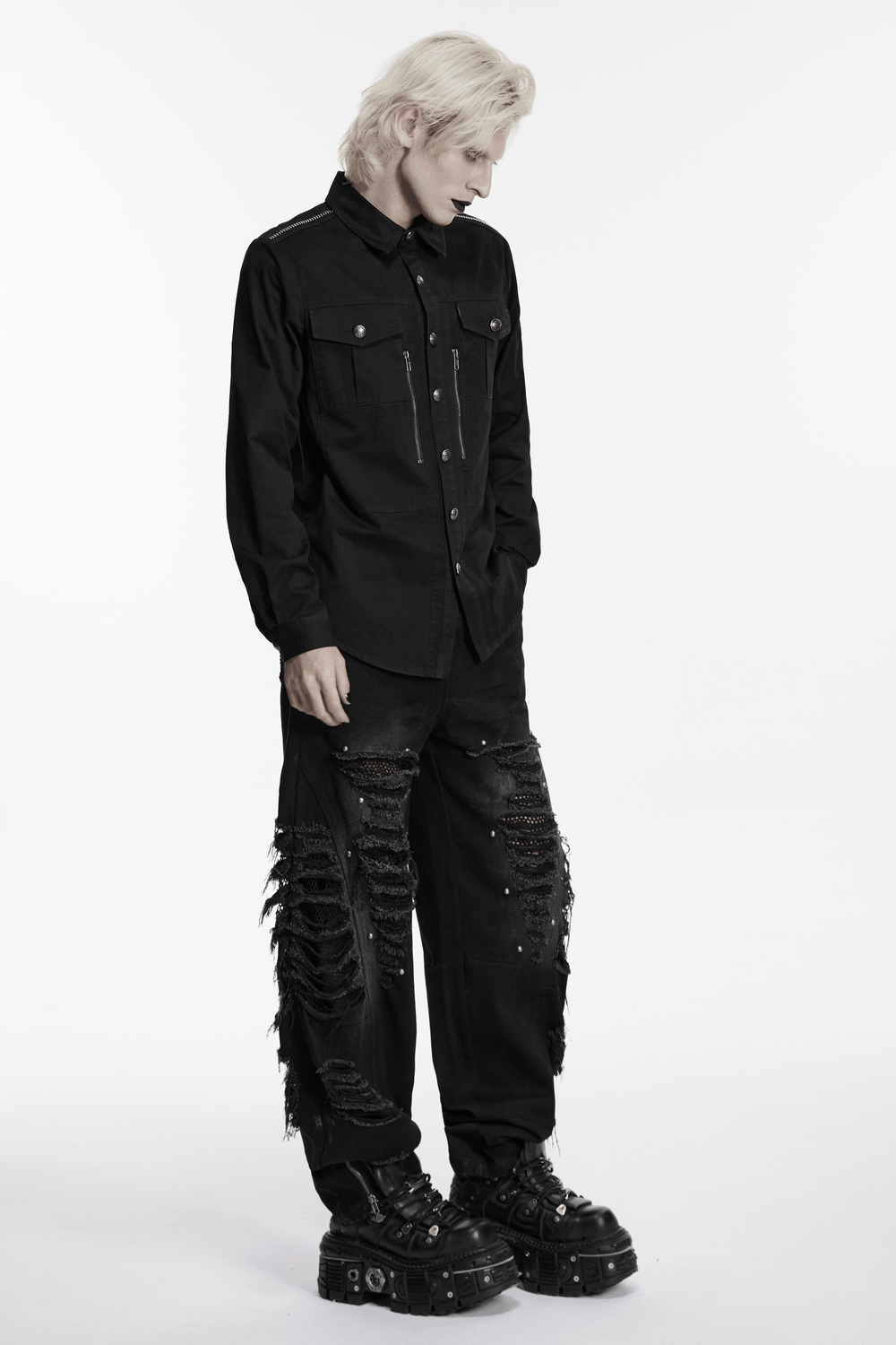 Men's Black Punk Workwear Shirt with Zip Pockets