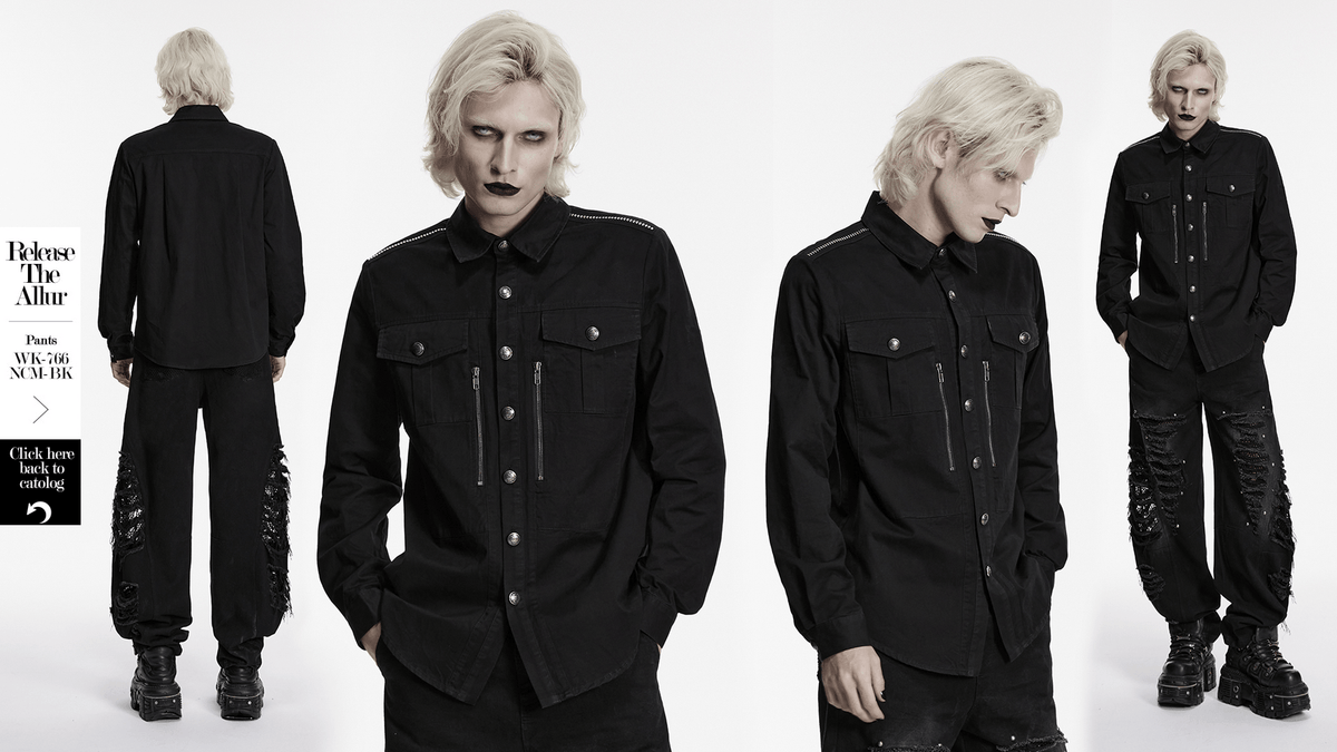 Men's Black Punk Workwear Shirt with Zip Pockets