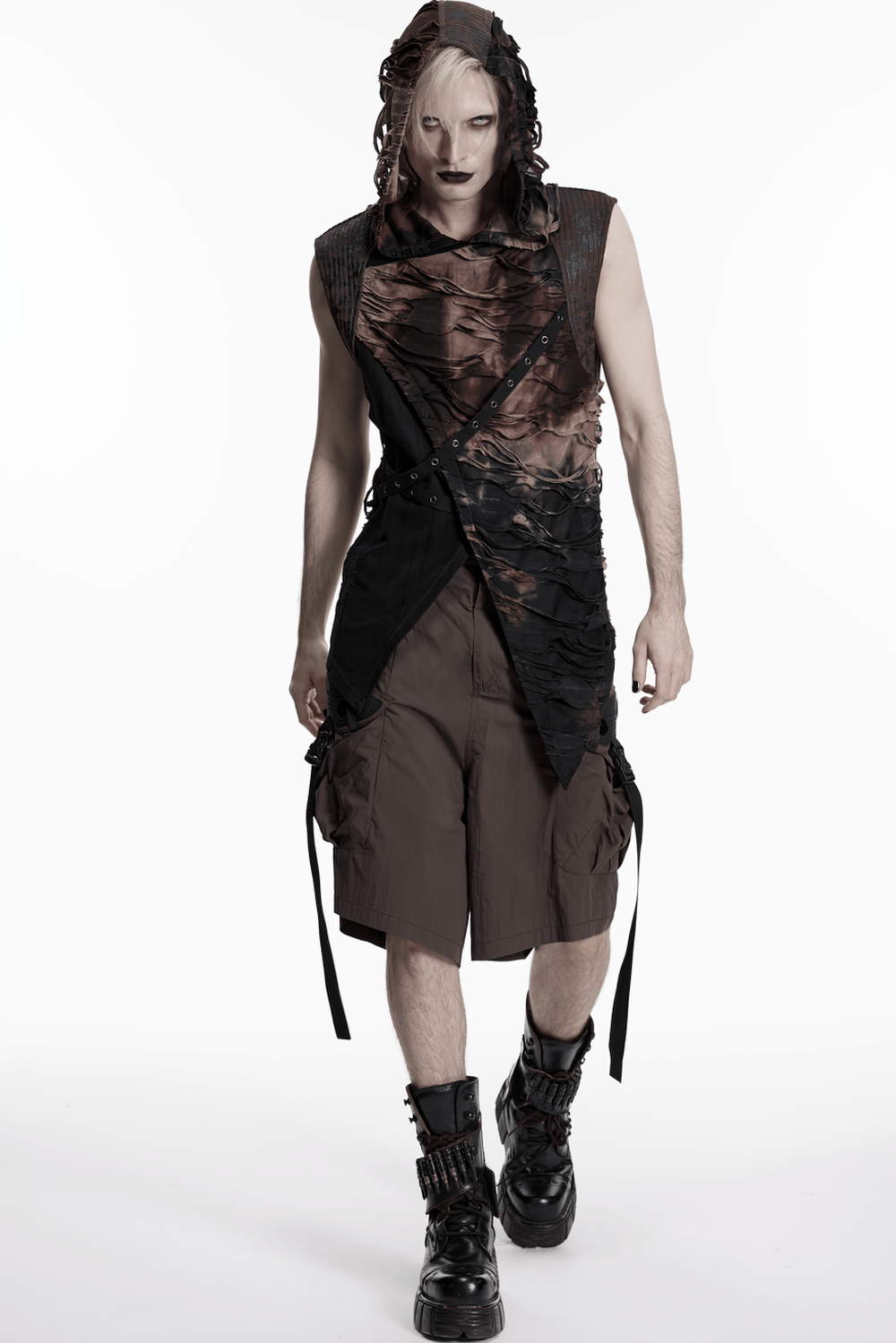 Men's Brown Post-Apocalyptic Hooded Asymmetric Sleeveless Top