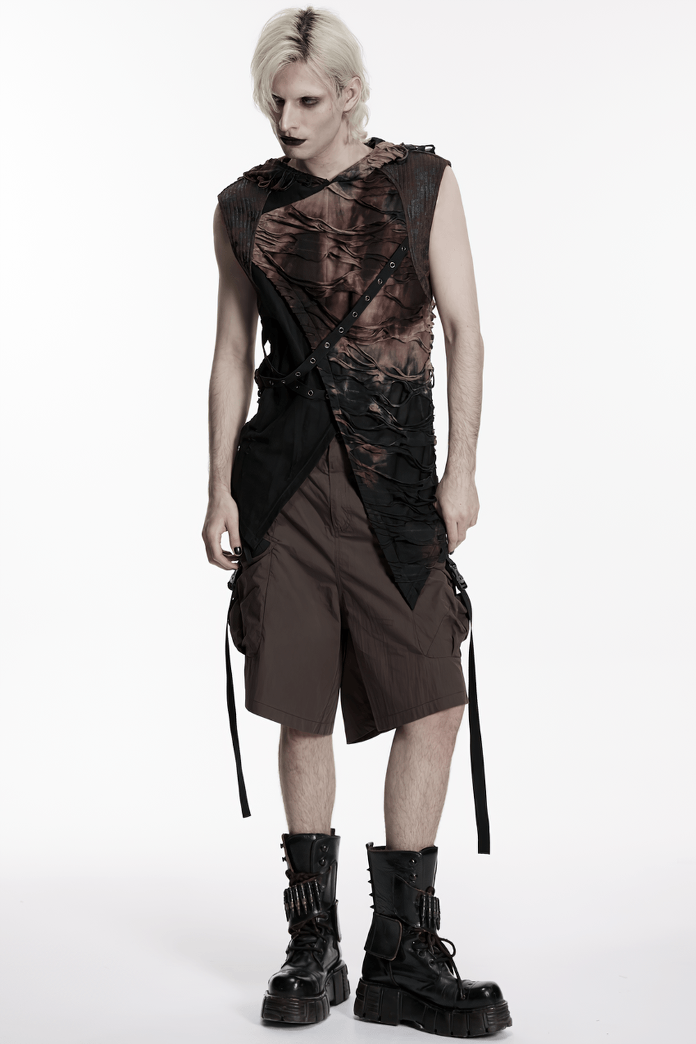 Men's Brown Post-Apocalyptic Hooded Asymmetric Sleeveless Top