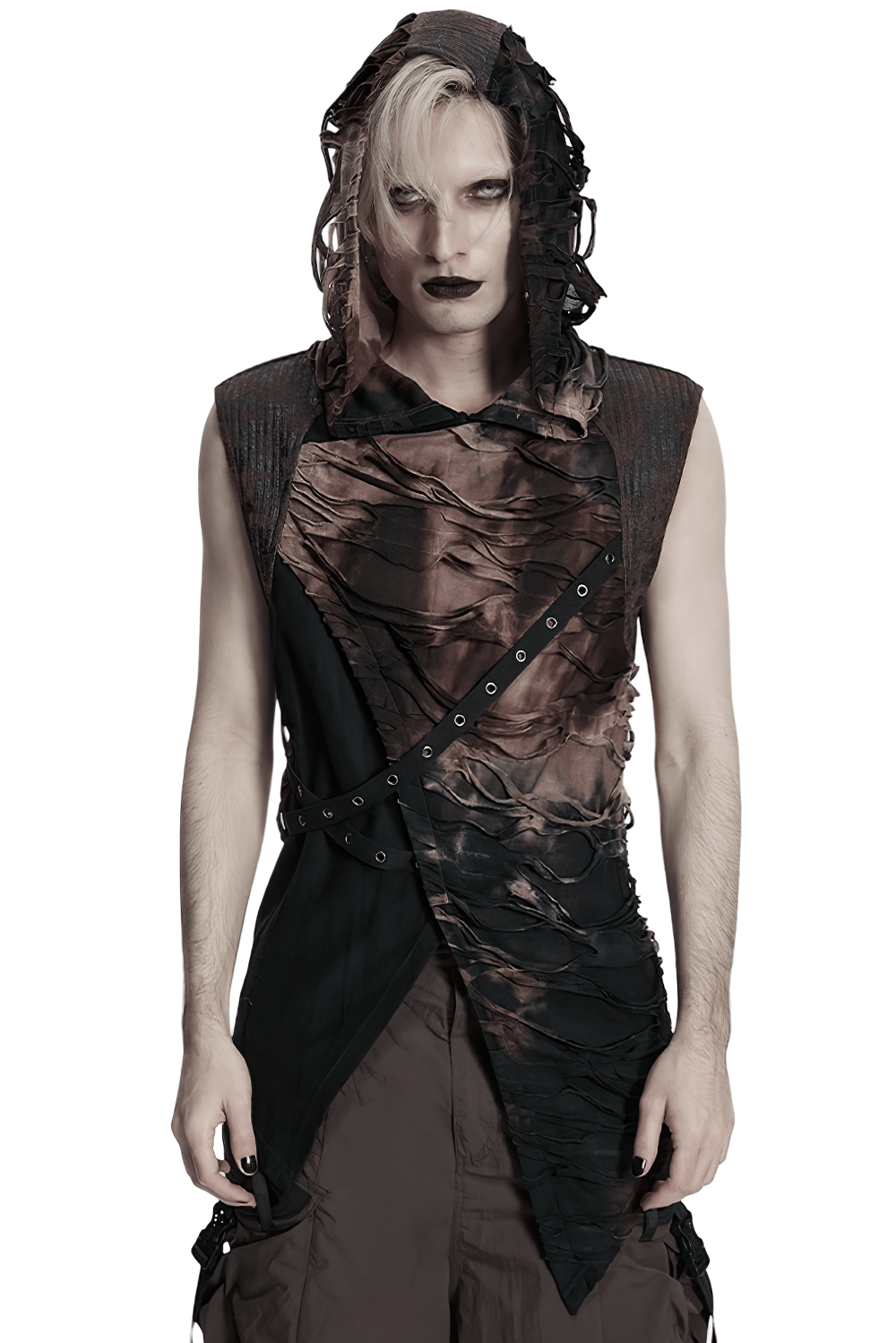 Men's Brown Post-Apocalyptic Hooded Asymmetric Sleeveless Top