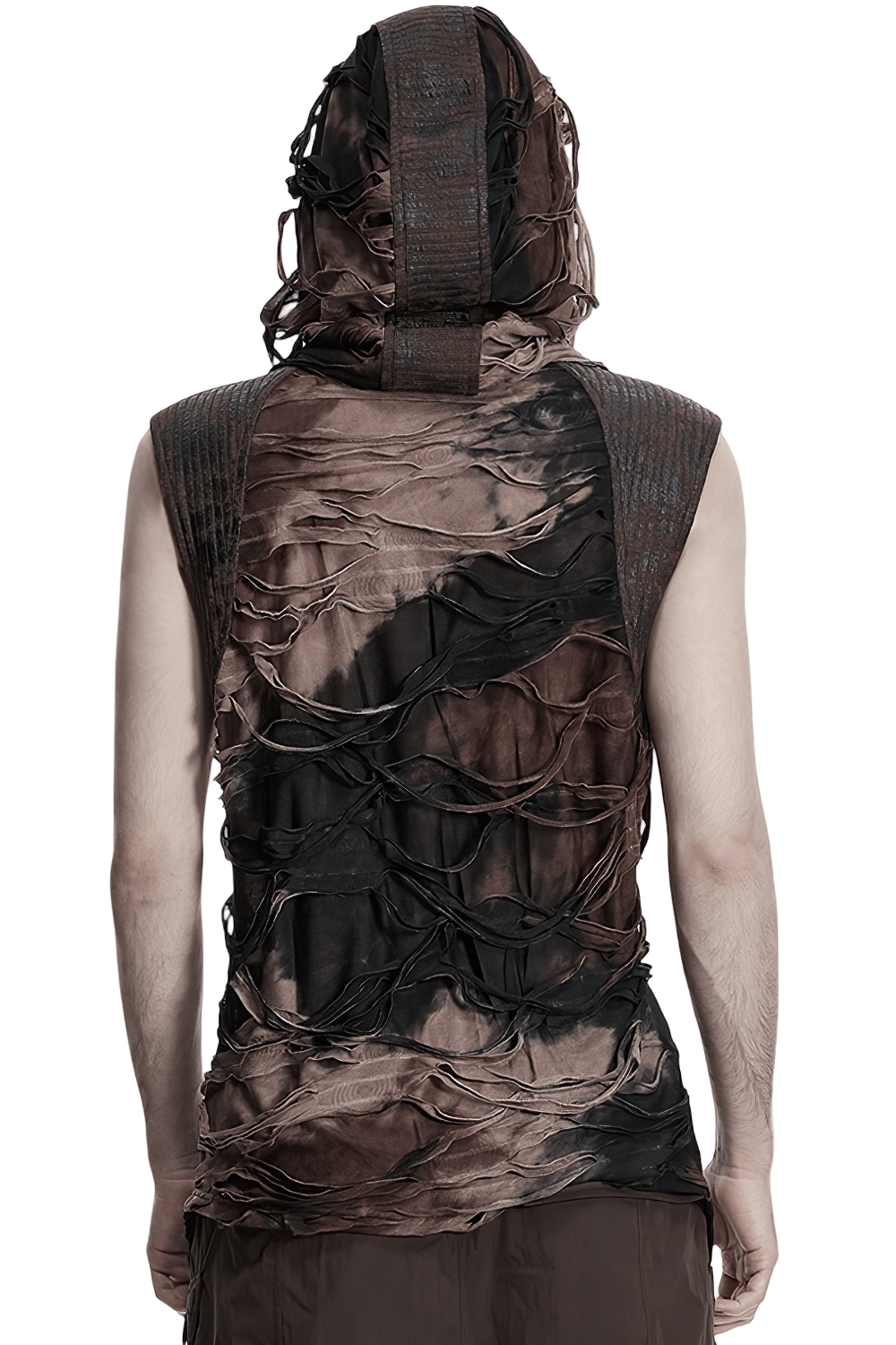 Men's Brown Post-Apocalyptic Hooded Asymmetric Sleeveless Top