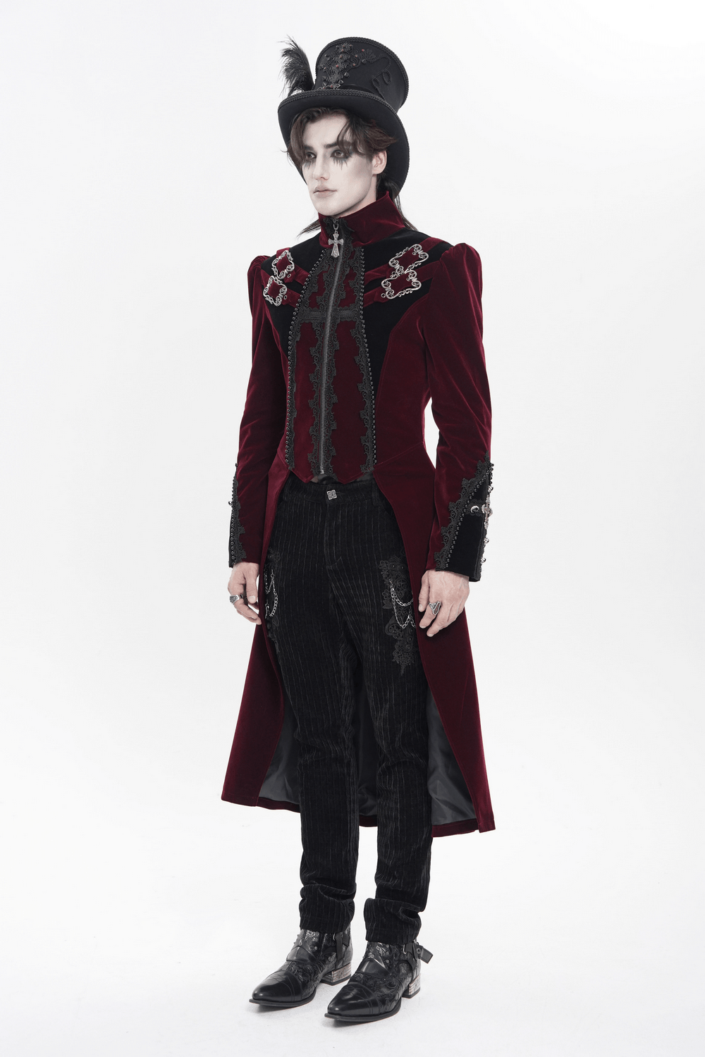 Men's Burgundy Gothic Velvet Tailcoat with Lace