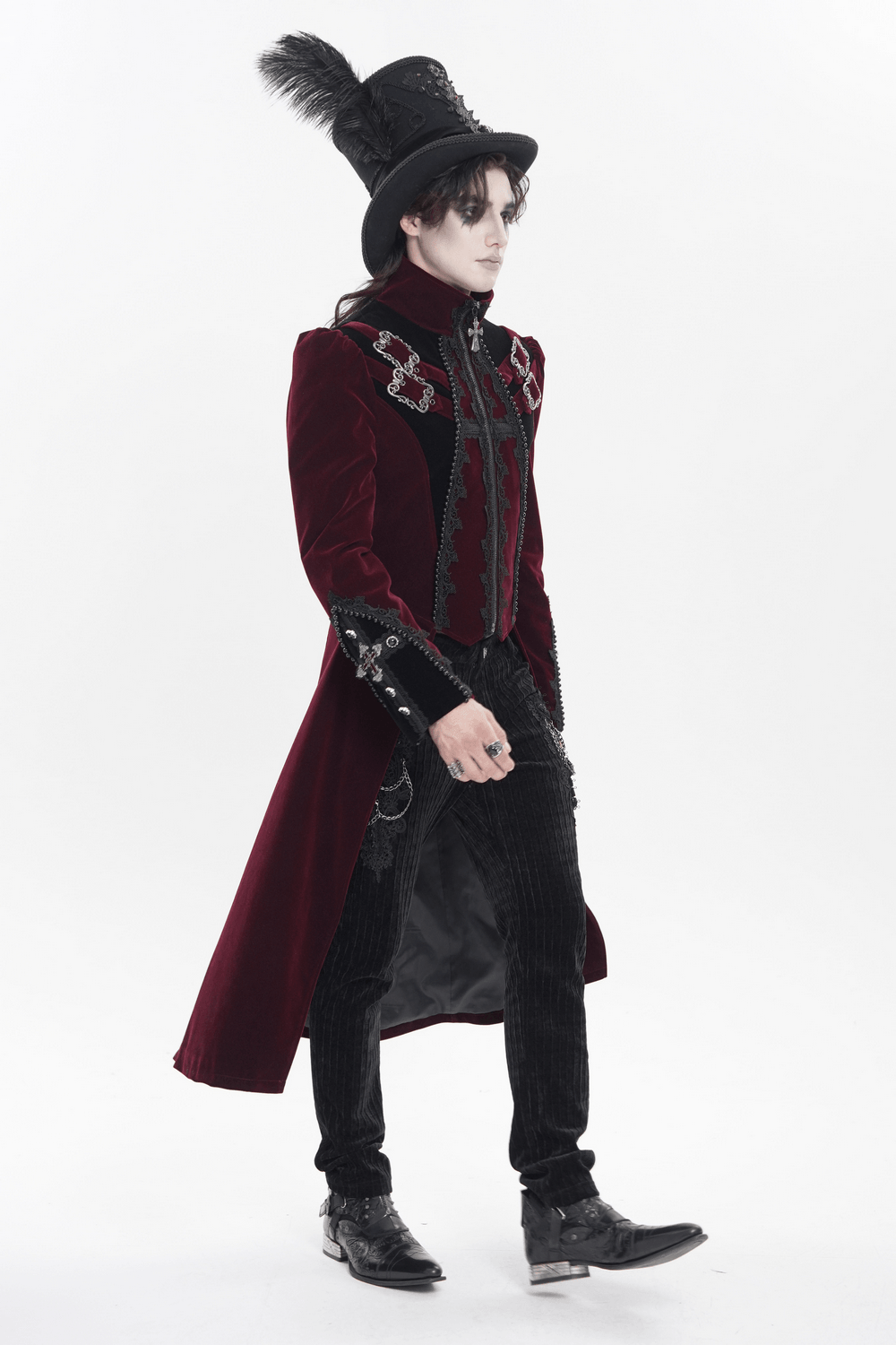 Men's Burgundy Gothic Velvet Tailcoat with Lace