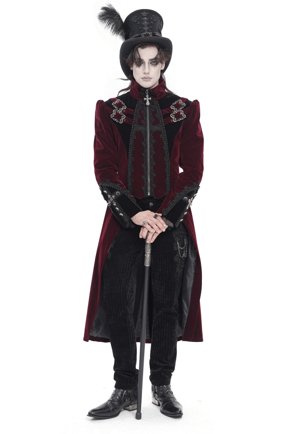 Men's Burgundy Gothic Velvet Tailcoat with Lace