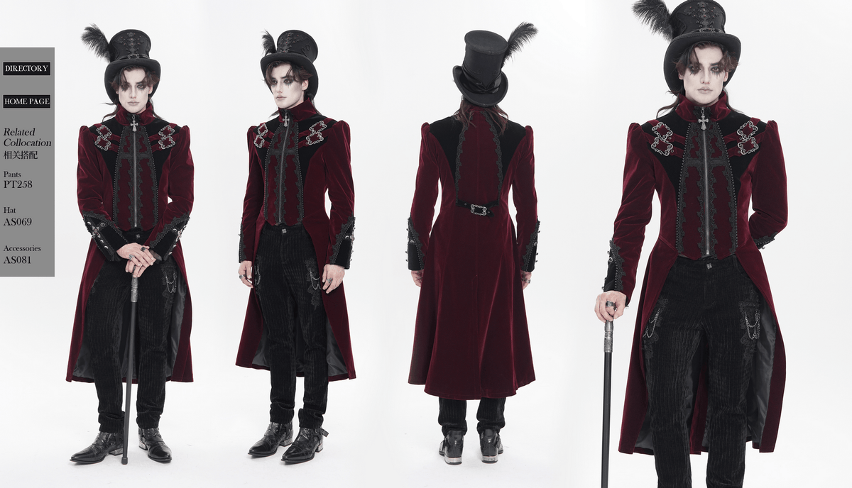 Men's Burgundy Gothic Velvet Tailcoat with Lace