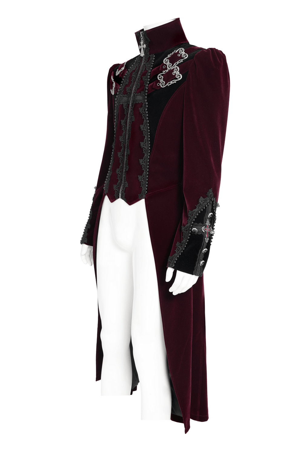 Men's Burgundy Gothic Velvet Tailcoat with Lace