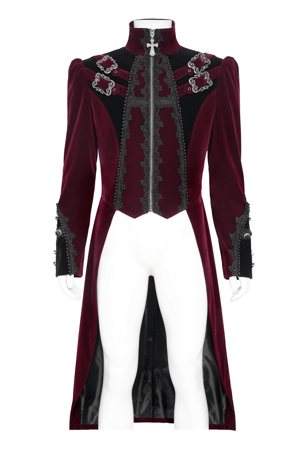 Men's Burgundy Gothic Velvet Tailcoat with Lace