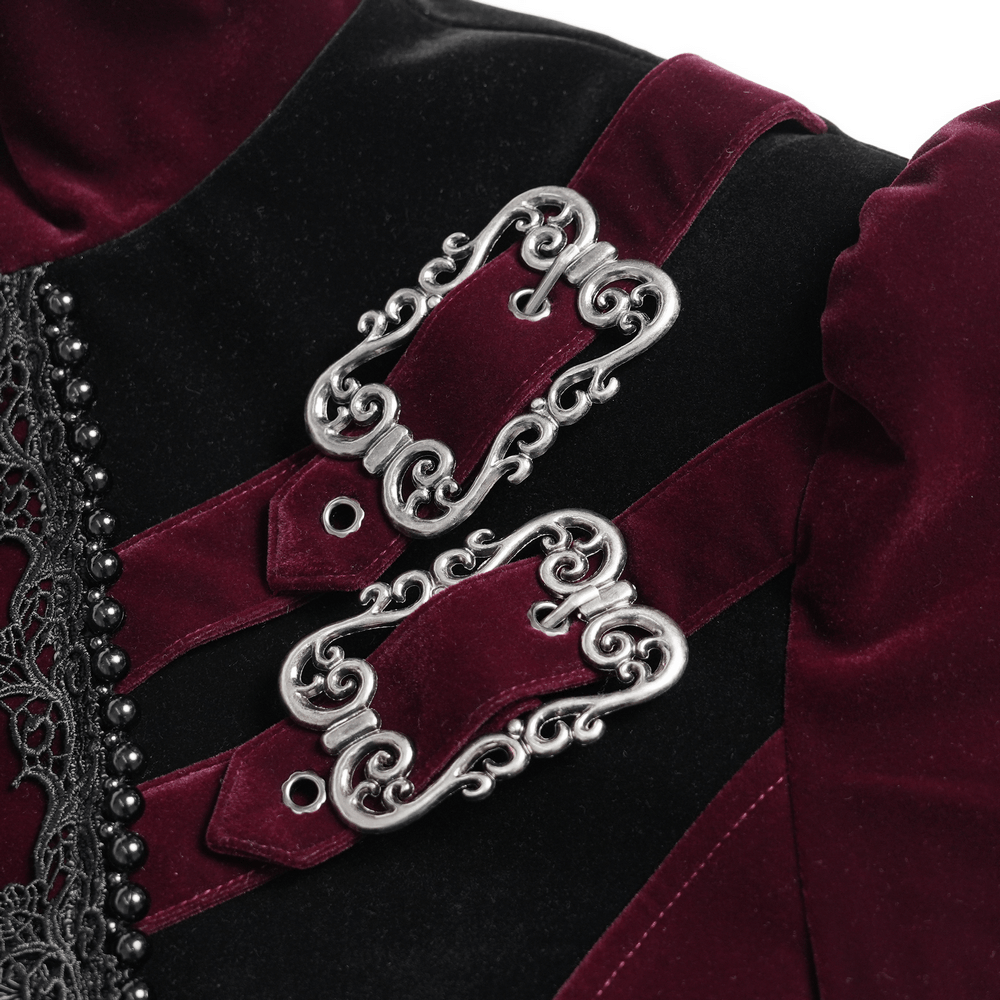 Men's Burgundy Gothic Velvet Tailcoat with Lace