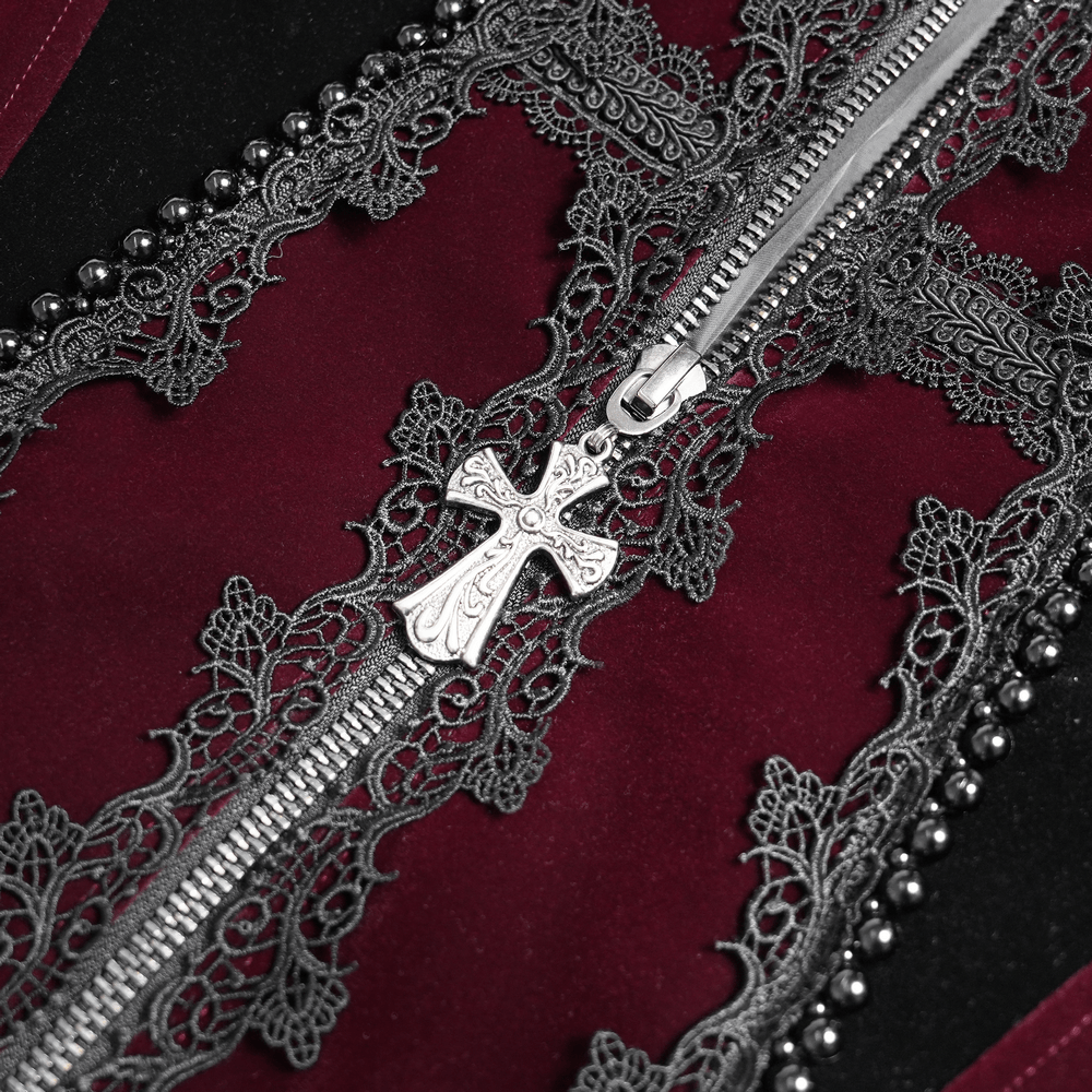 Men's Burgundy Gothic Velvet Tailcoat with Lace