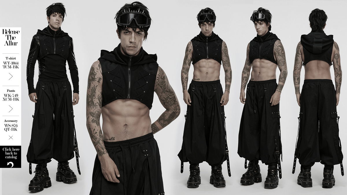 Men's Cyberpunk Hooded Mesh Vest with Spliced Panels