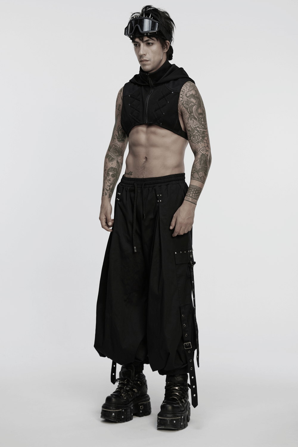 Men's Cyberpunk Hooded Mesh Vest with Spliced Panels
