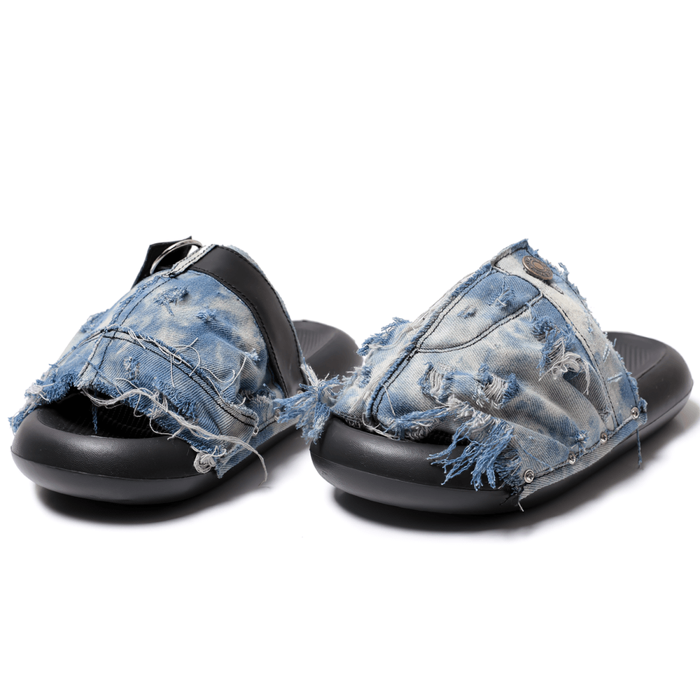 Men's Distressed Blue Denim Slide Sandals with Rivets