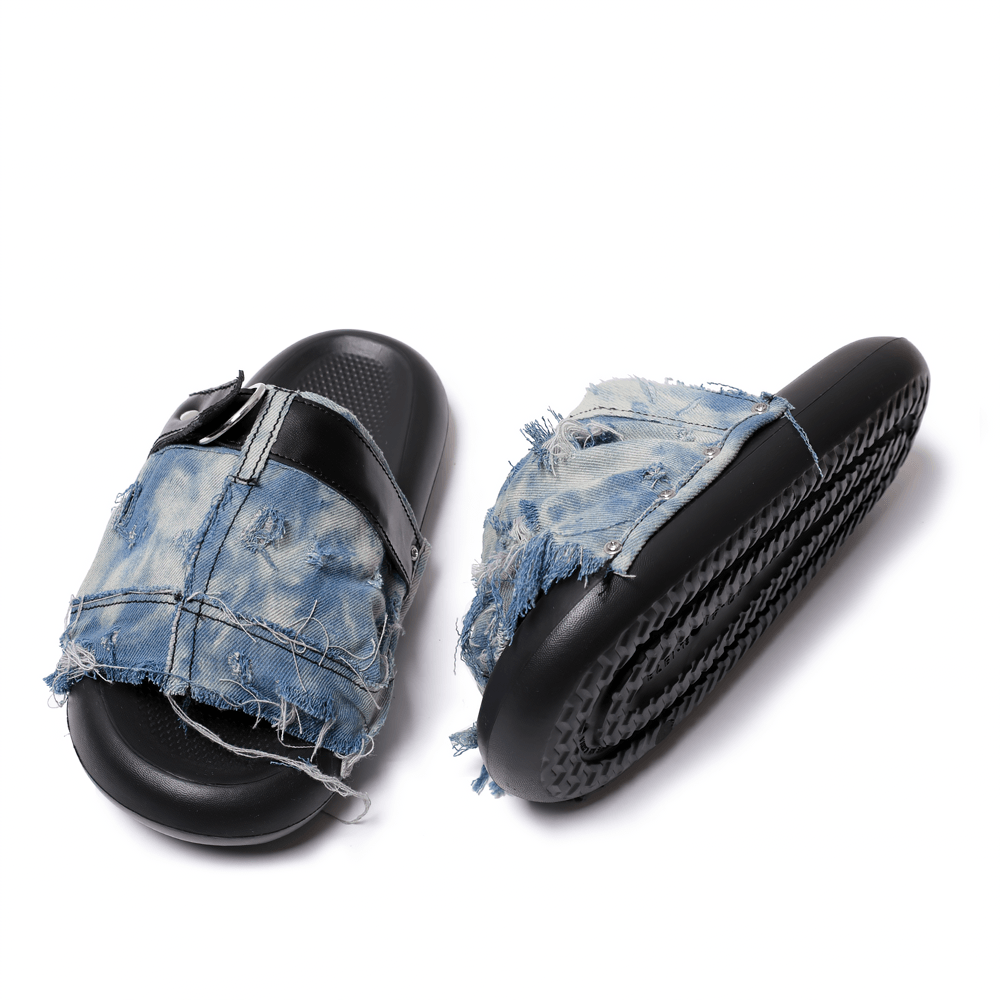 Men's Distressed Blue Denim Slide Sandals with Rivets