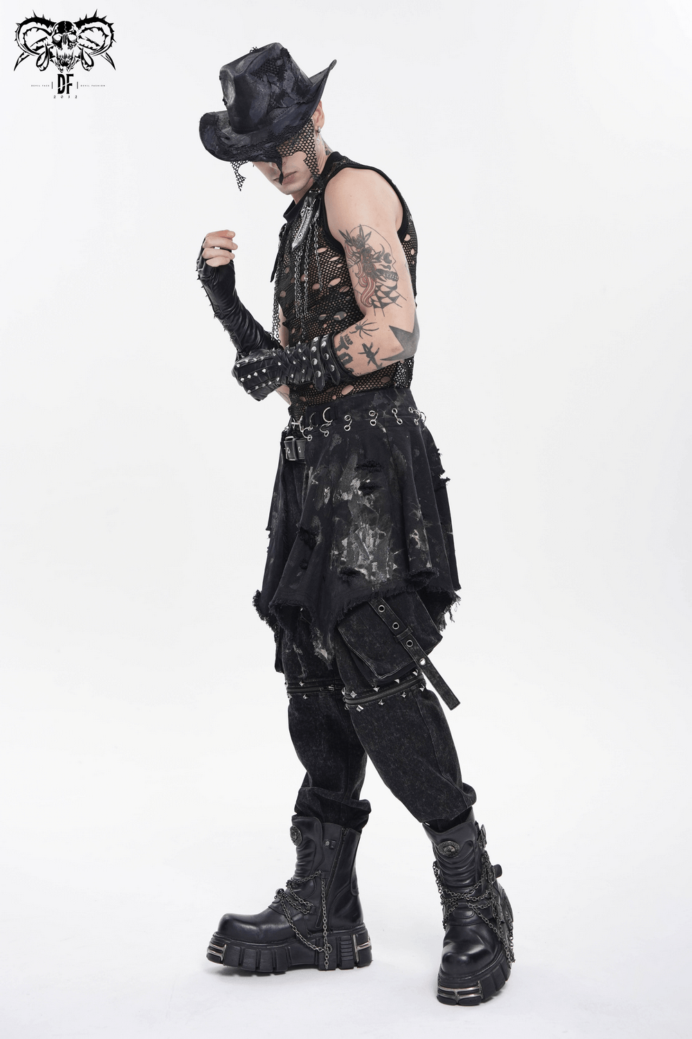 Men's Distressed Punk Waist Skirt With Asymmetrical Hem
