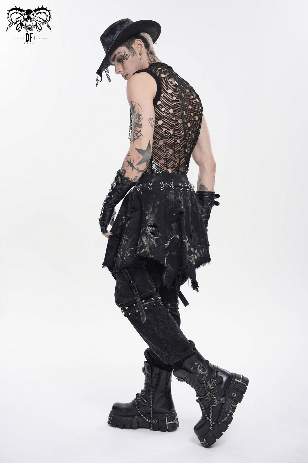 Men's Distressed Punk Waist Skirt With Asymmetrical Hem