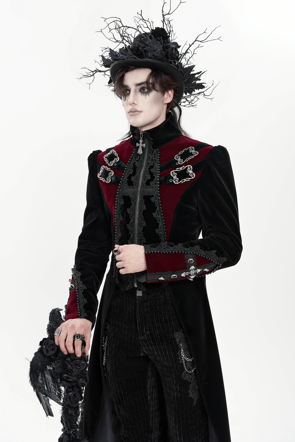 Men's Elegant Black Burgundy Gothic Velvet Tailcoat