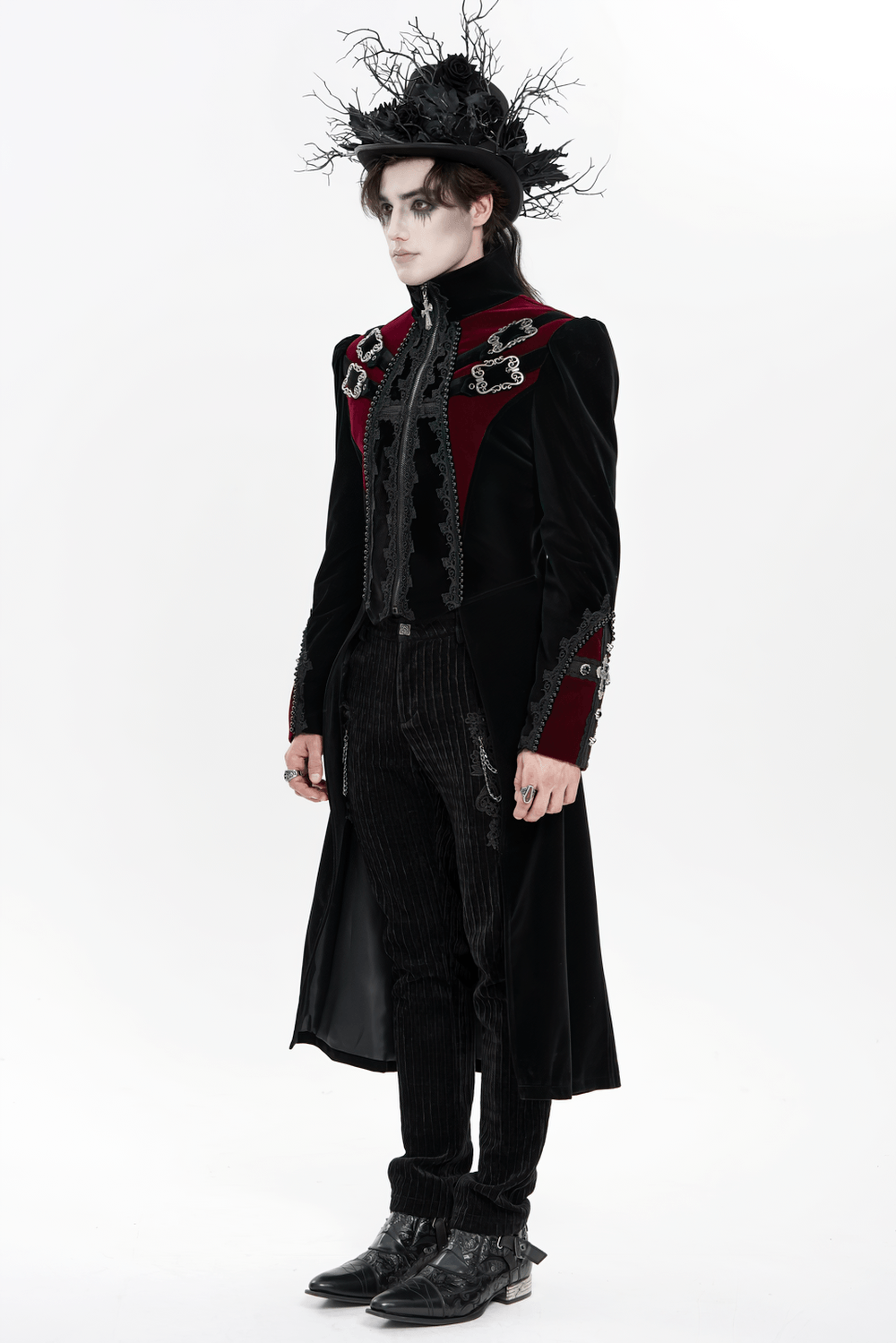 Men's Elegant Black Burgundy Gothic Velvet Tailcoat