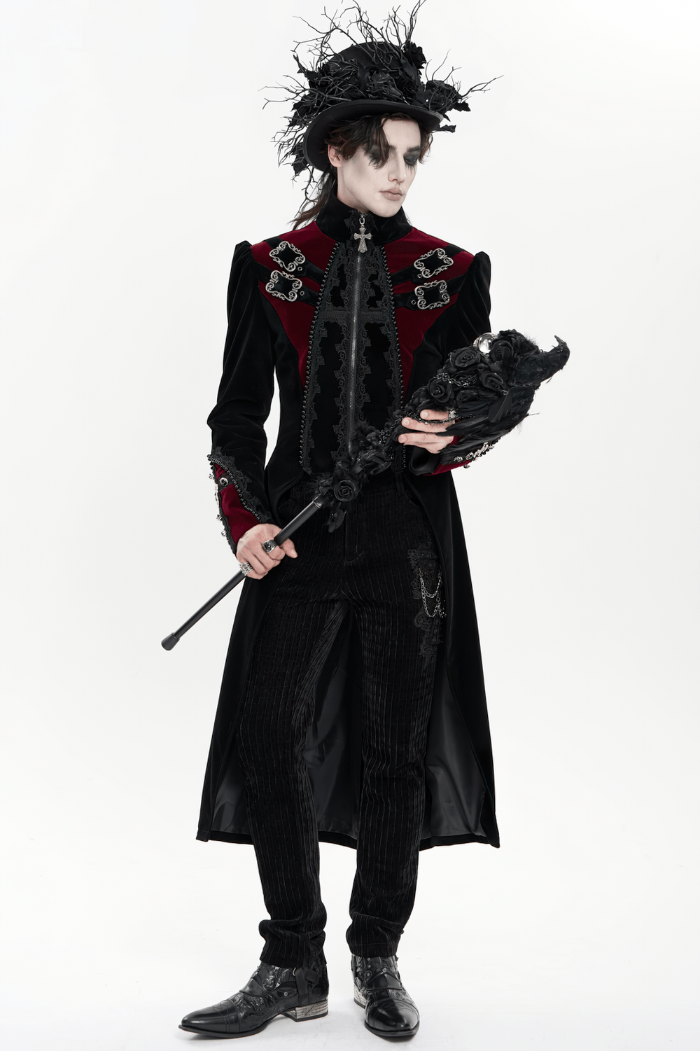 Men's Elegant Black Burgundy Gothic Velvet Tailcoat
