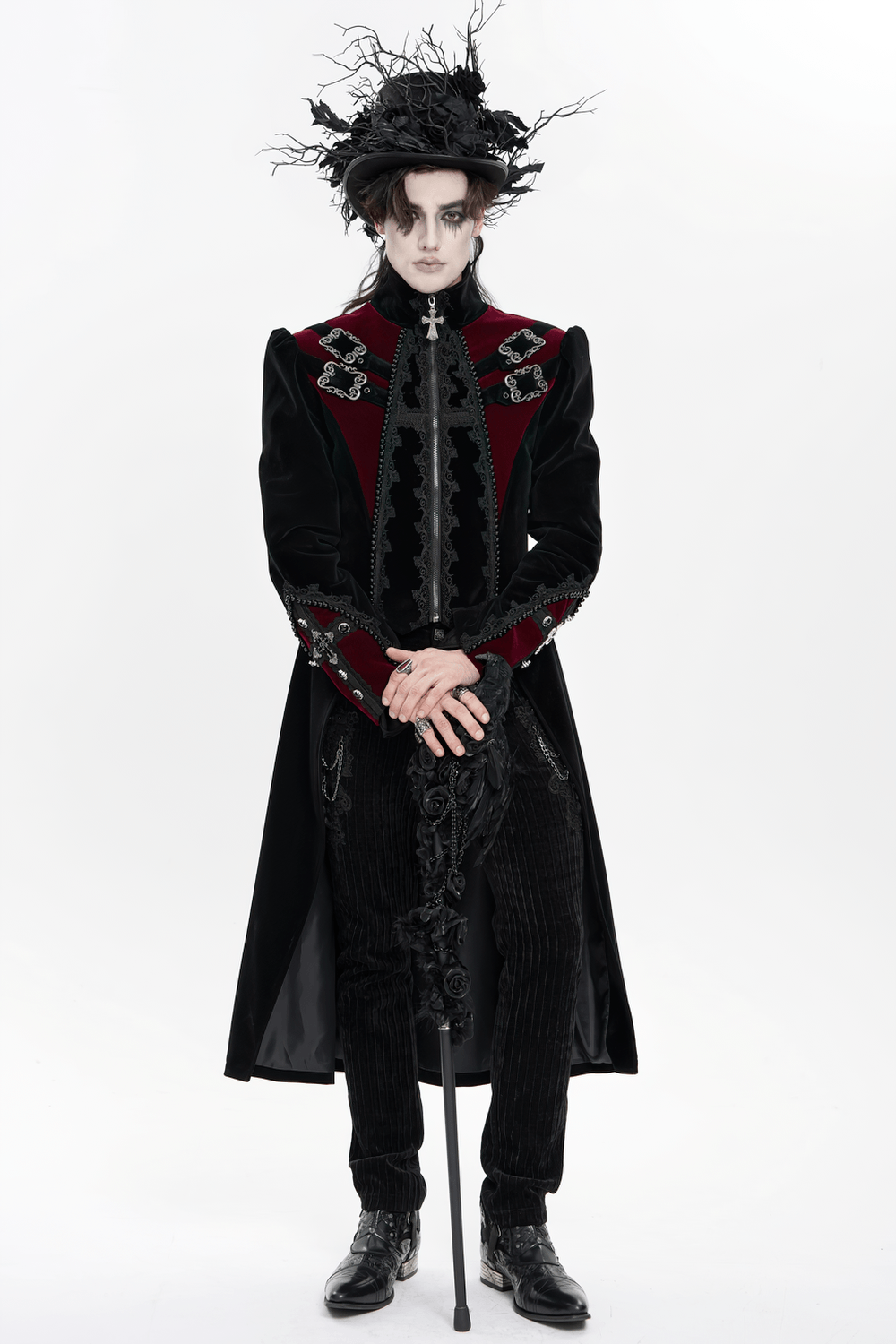 Men's Elegant Black Burgundy Gothic Velvet Tailcoat