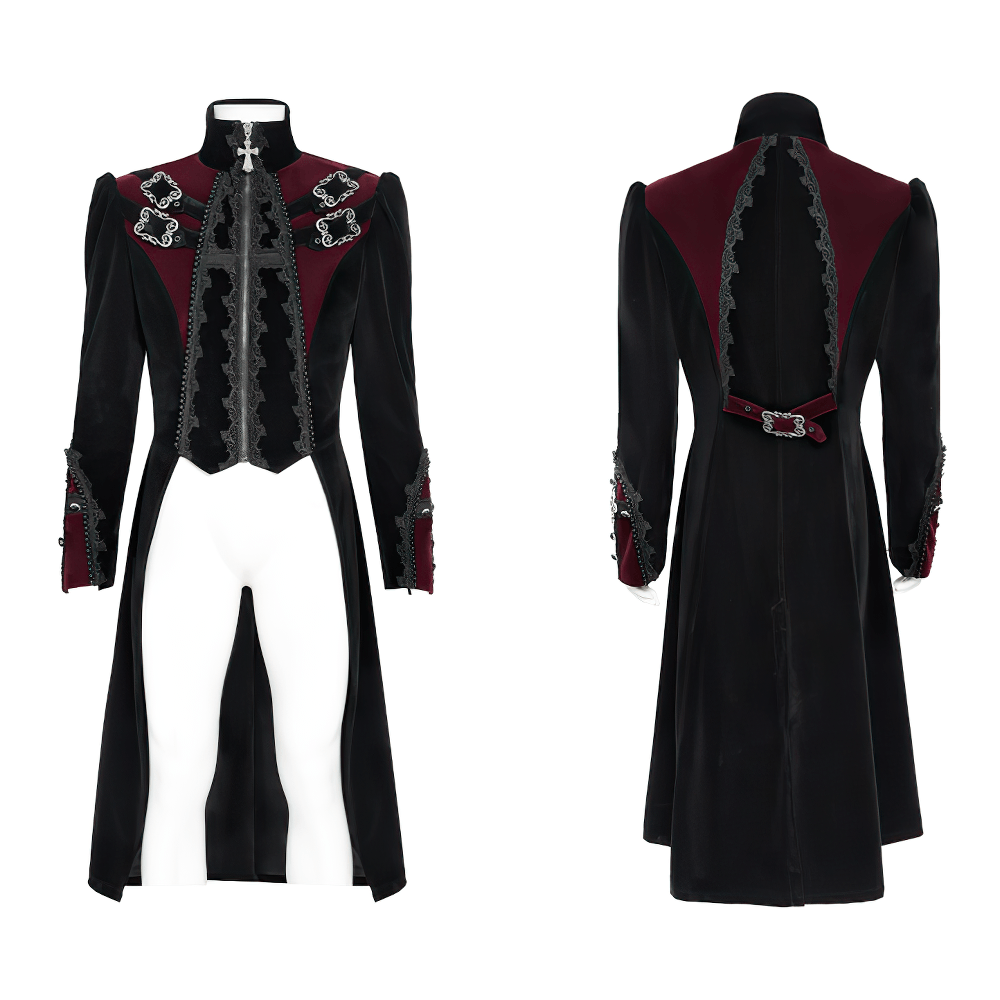 Men's Elegant Black Burgundy Gothic Velvet Tailcoat
