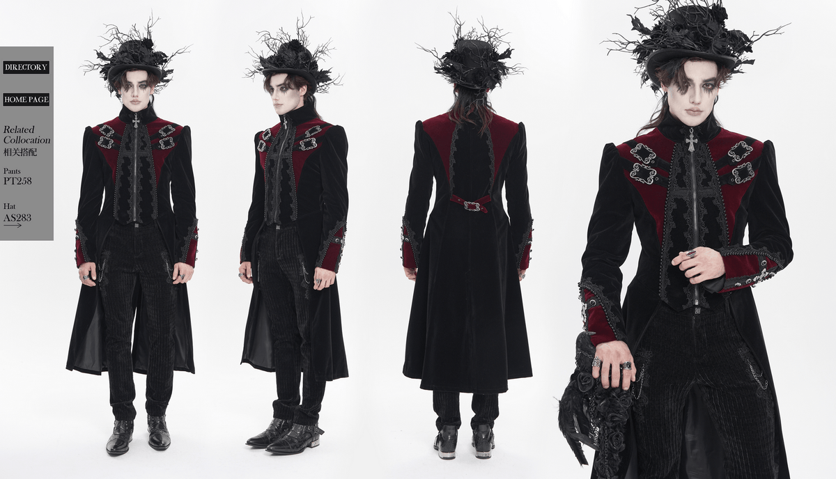 Men's Elegant Black Burgundy Gothic Velvet Tailcoat
