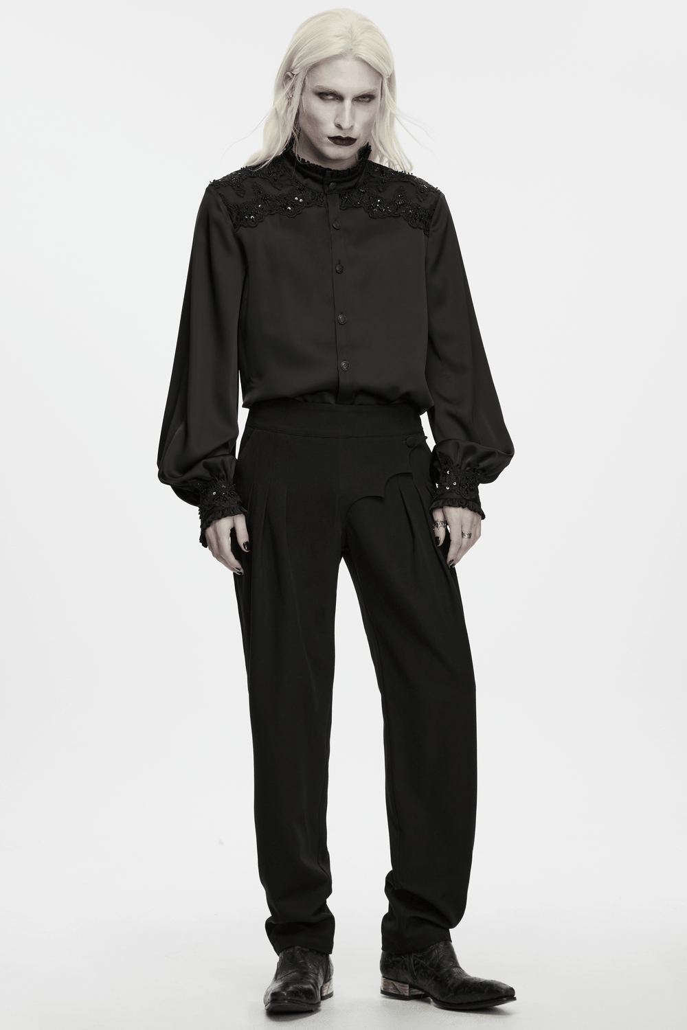 Men's Gothic Batwing Pleated Tapered Black Trousers