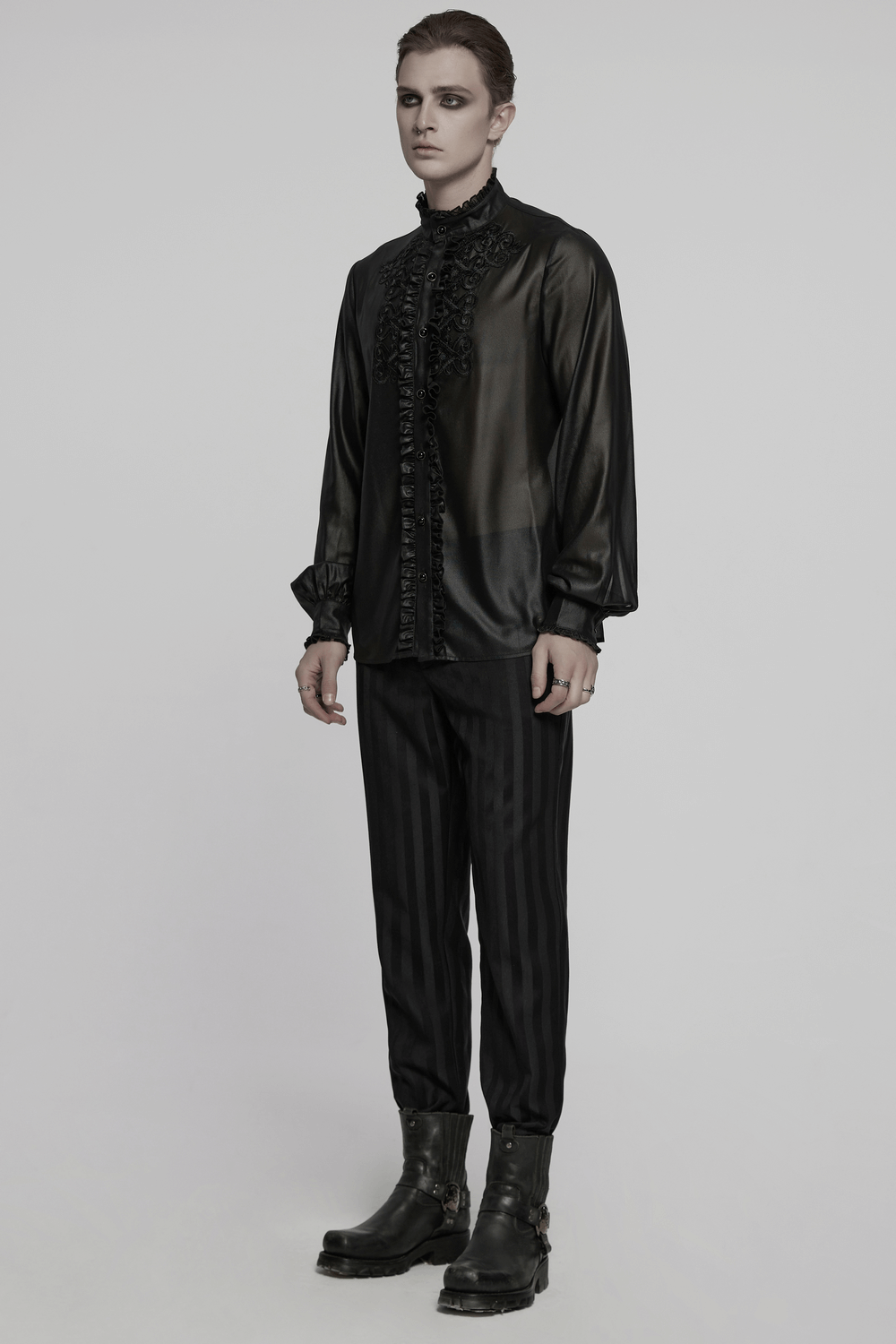 US SALE of Men's Gothic Chiffon Shirt with Ruffles and Lace