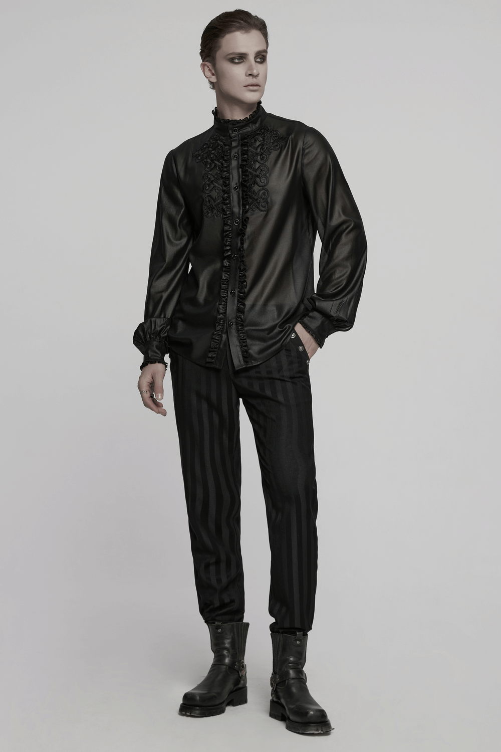 US SALE of Men's Gothic Chiffon Shirt with Ruffles and Lace