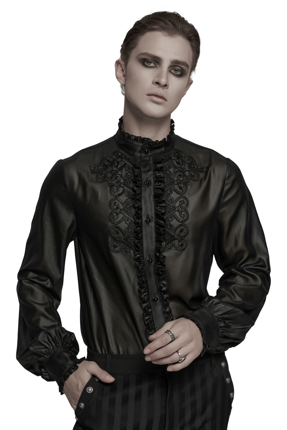 US SALE of Men's Gothic Chiffon Shirt with Ruffles and Lace