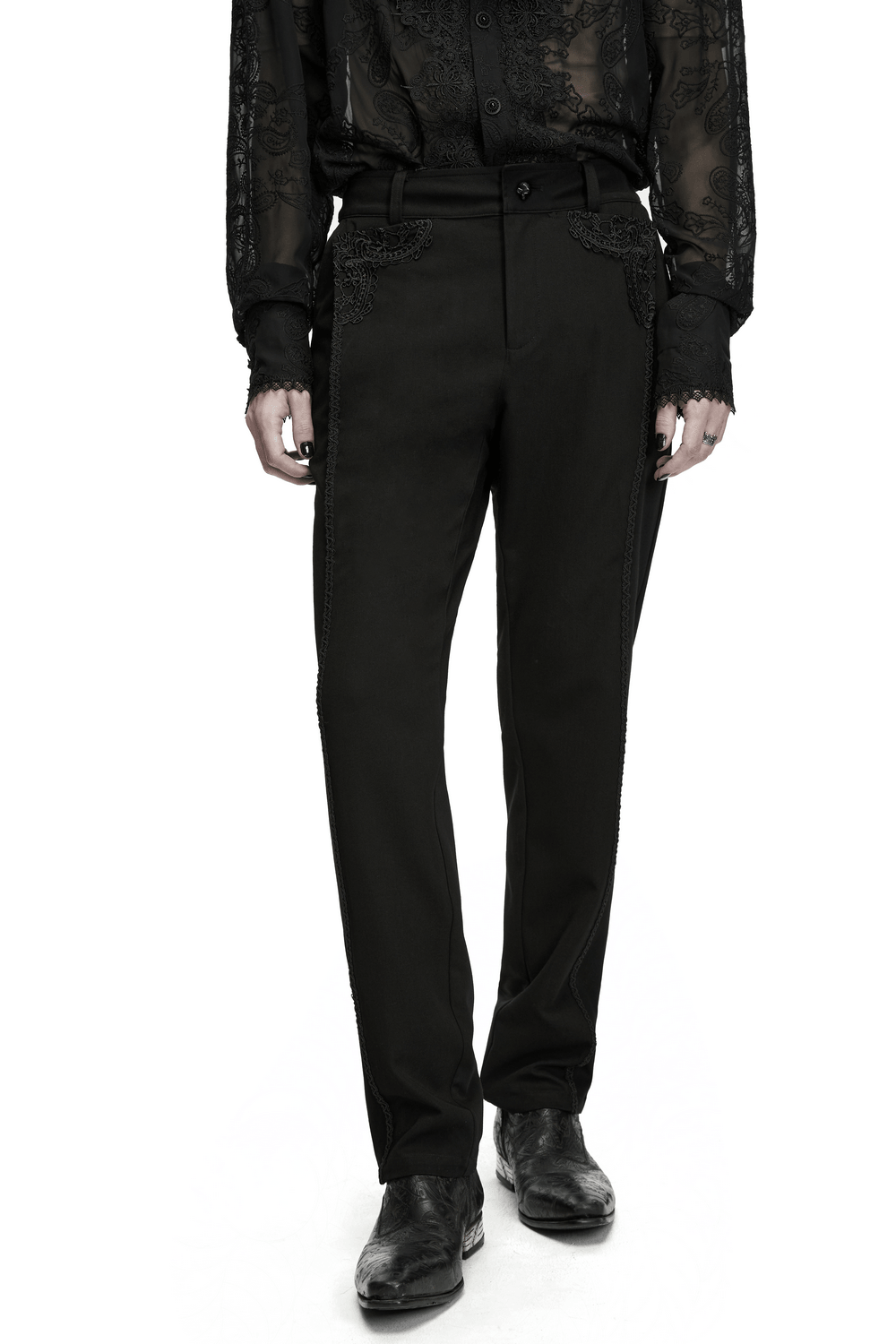 Men's Gothic Embossed Trim Tailored Black Trousers