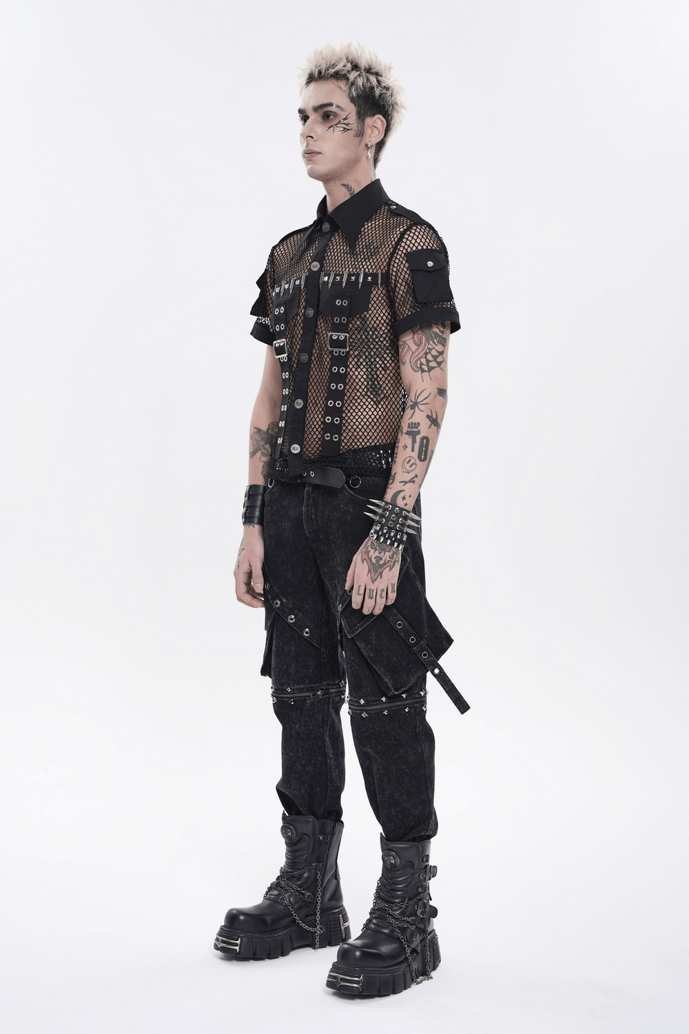 Men's Gothic Fishnet Shirt with Studded Buckles