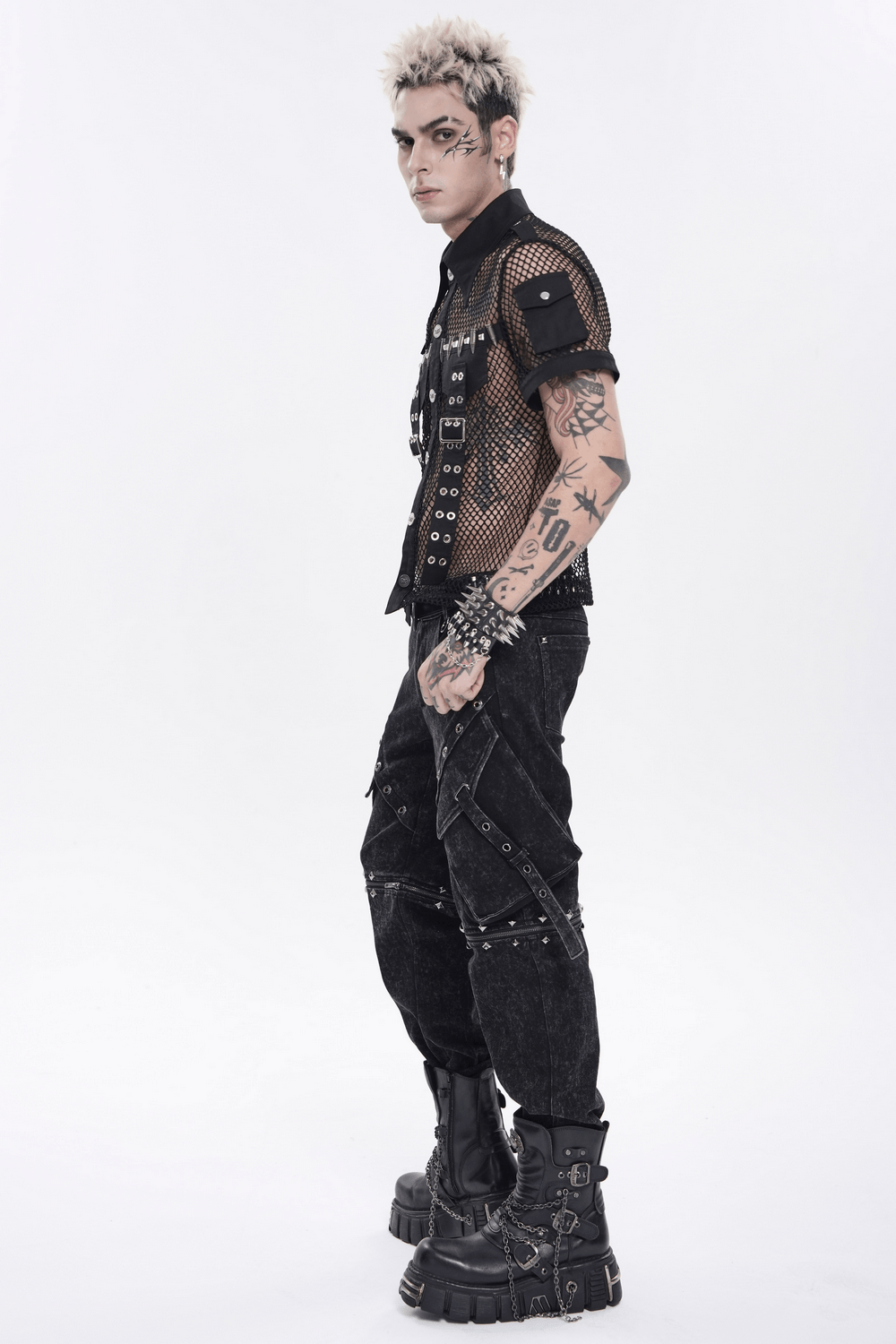 Men's Gothic Fishnet Shirt with Studded Buckles
