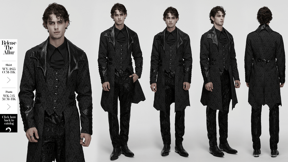 Men's Gothic Jacquard Coat with Bat Lapel and Details