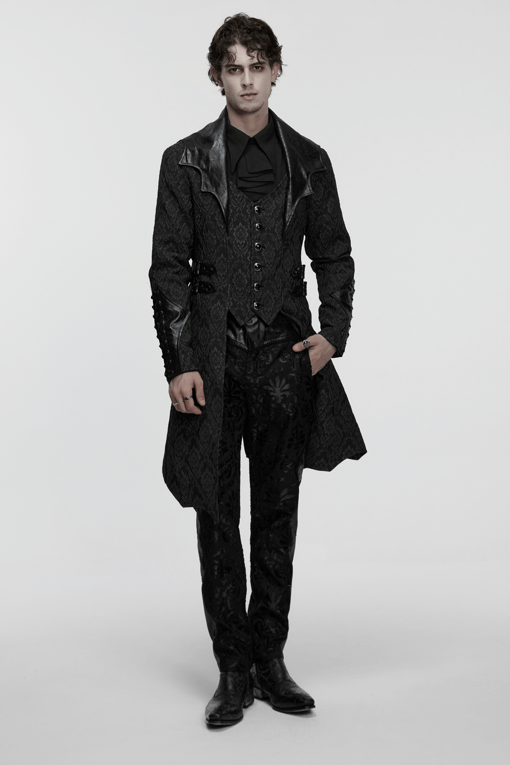 Men's Gothic Jacquard Coat with Bat Lapel and Details