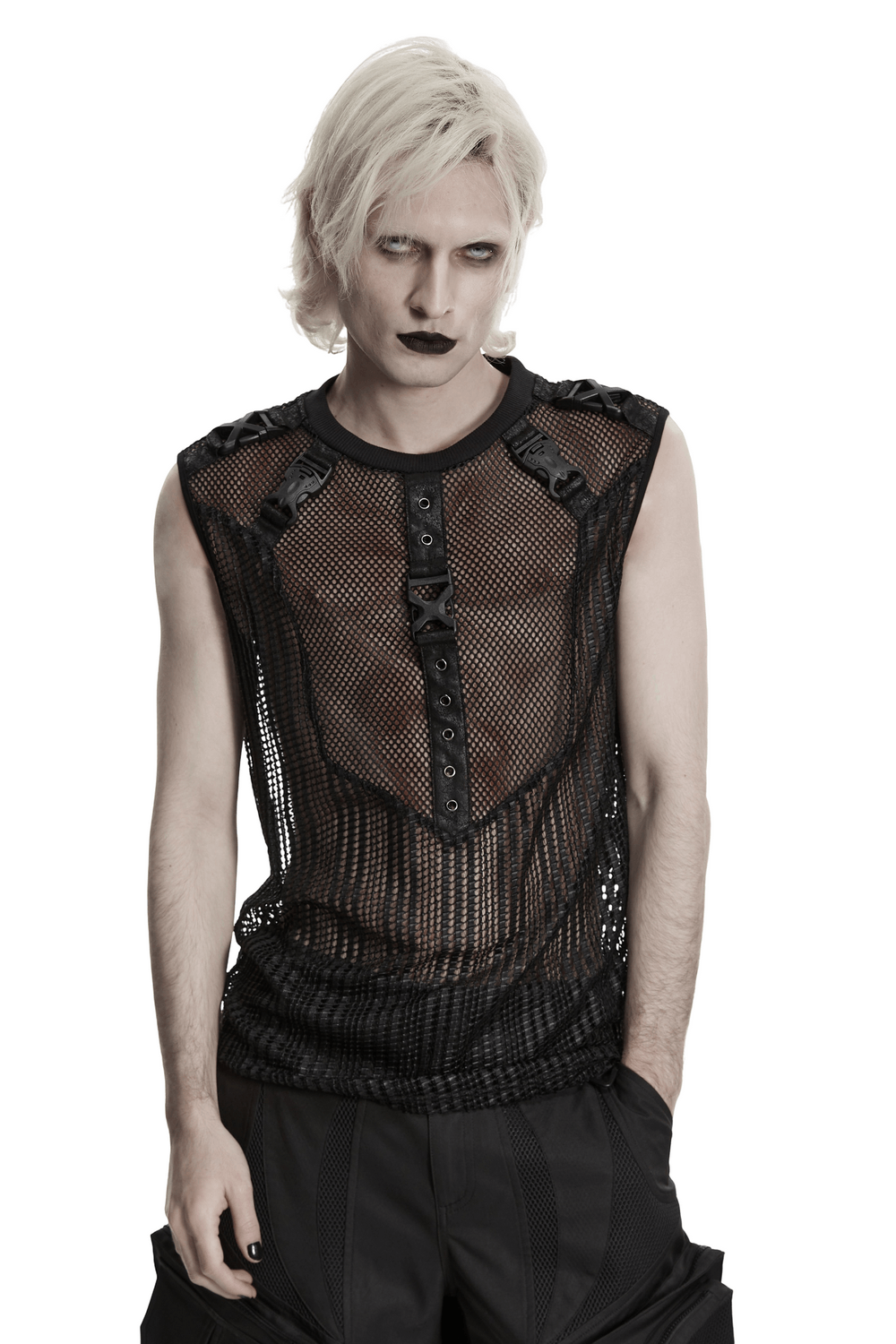 Men's Gothic Mesh Sleeveless Punk Top With Buckle Details