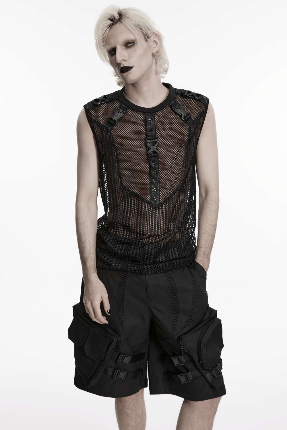 Men's Gothic Mesh Sleeveless Punk Top With Buckle Details