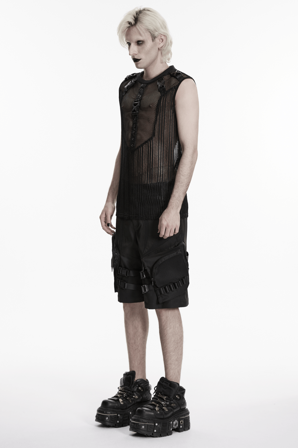Men's Gothic Mesh Sleeveless Punk Top With Buckle Details