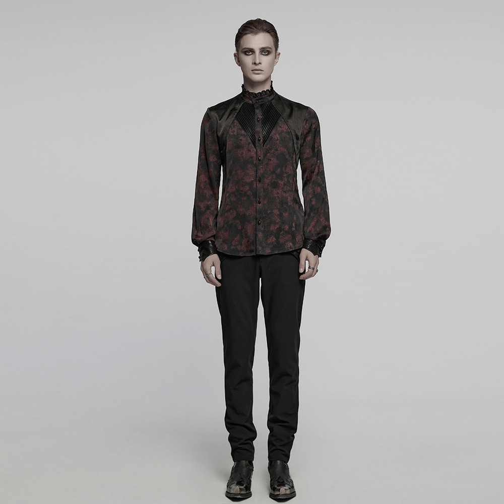 Men's Gothic Shirt with Pleated Collar and Leather Trim