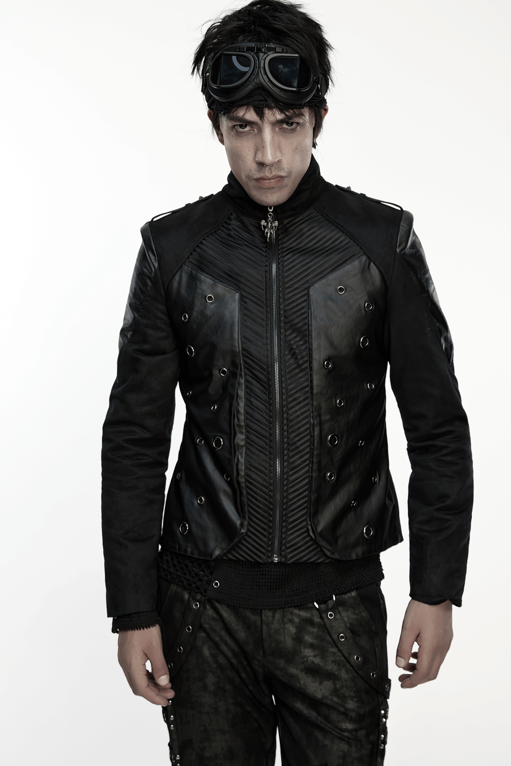 Men's Gothic Suede and Twill Cyberpunk Eyelet Jacket