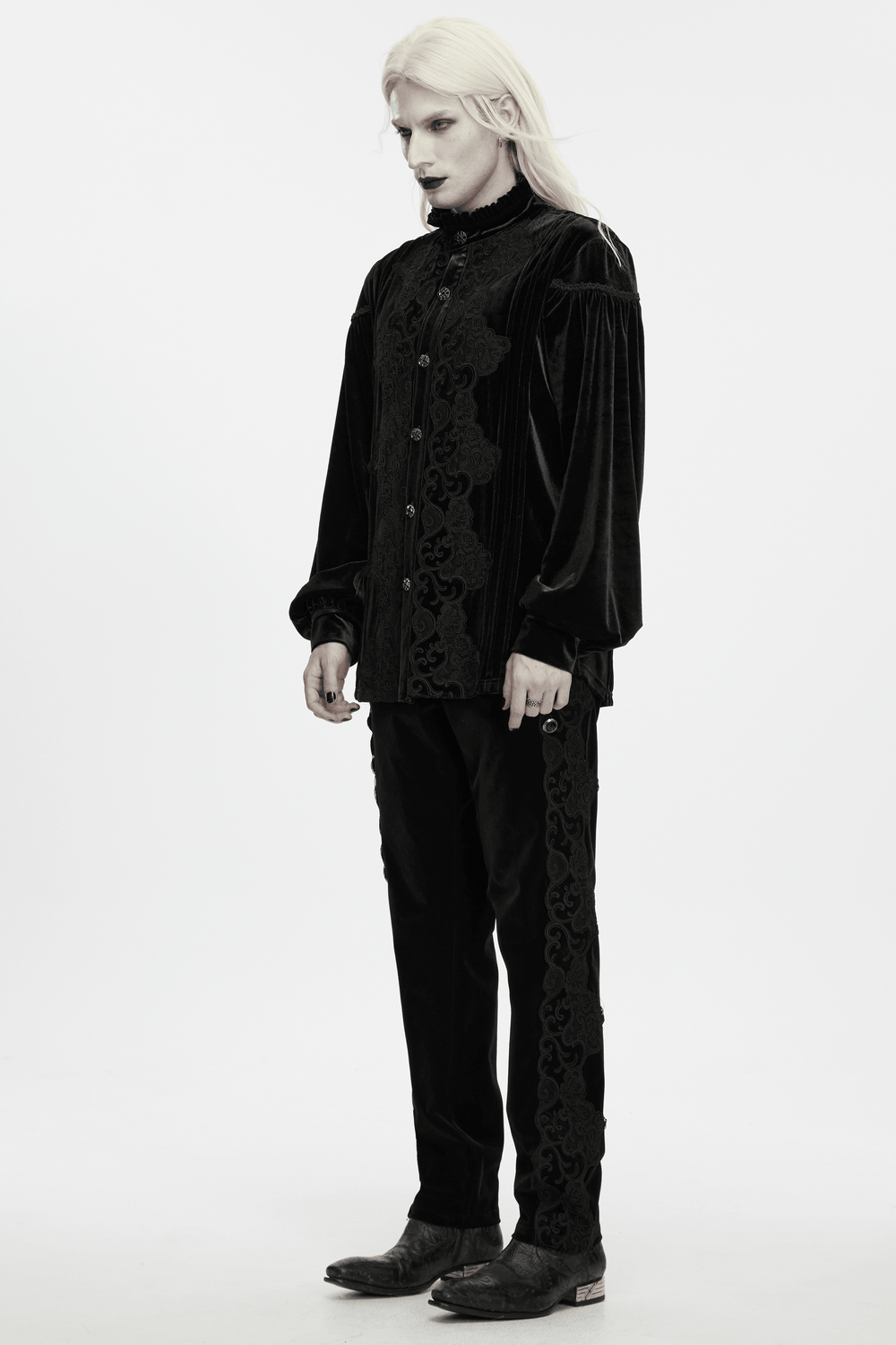 Men's Gothic Velvet Shirt with Embroidery and Ruffles